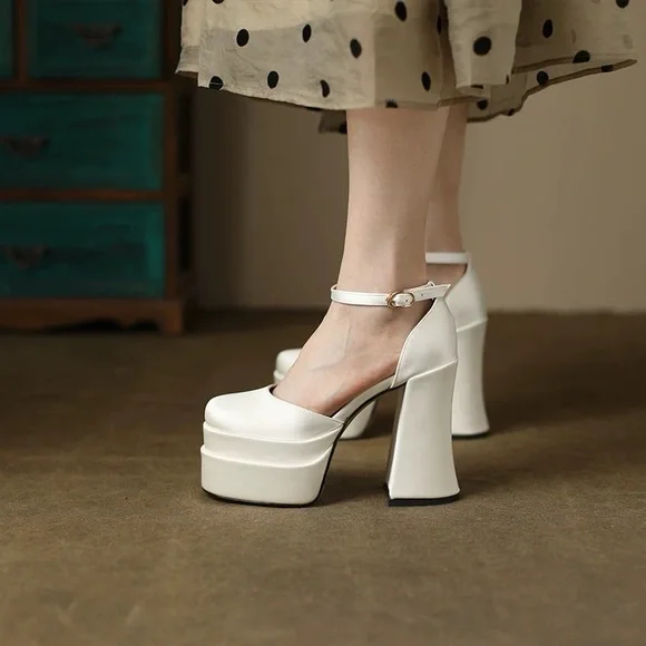 Wedding White Platform Heels with Ankle Strap Size 5 - Picture 5 of 9